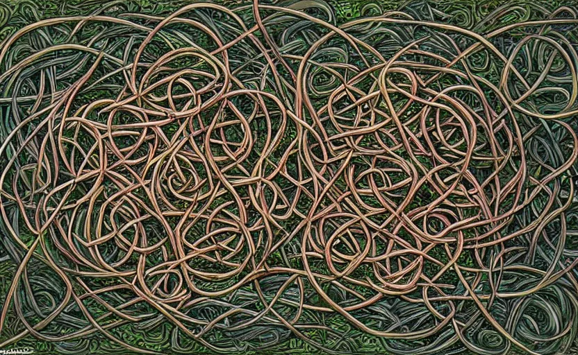 Prompt: a network of thick vines intertwined in the shape of a Celtic knot, central composition, in the style of Peter gric and Hannah yata 8k