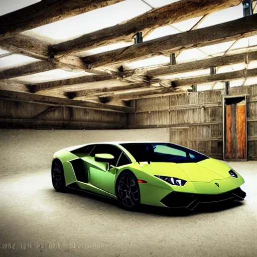 Prompt: lamborghini in a barn, rustic, vintage, aesthetic