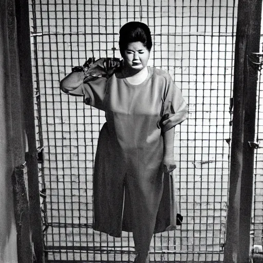 Prompt: imelda marcos in jail, behind bars, wearing an orange jumpsuit, dirty jail cell, award winning photograph by steve mccurry