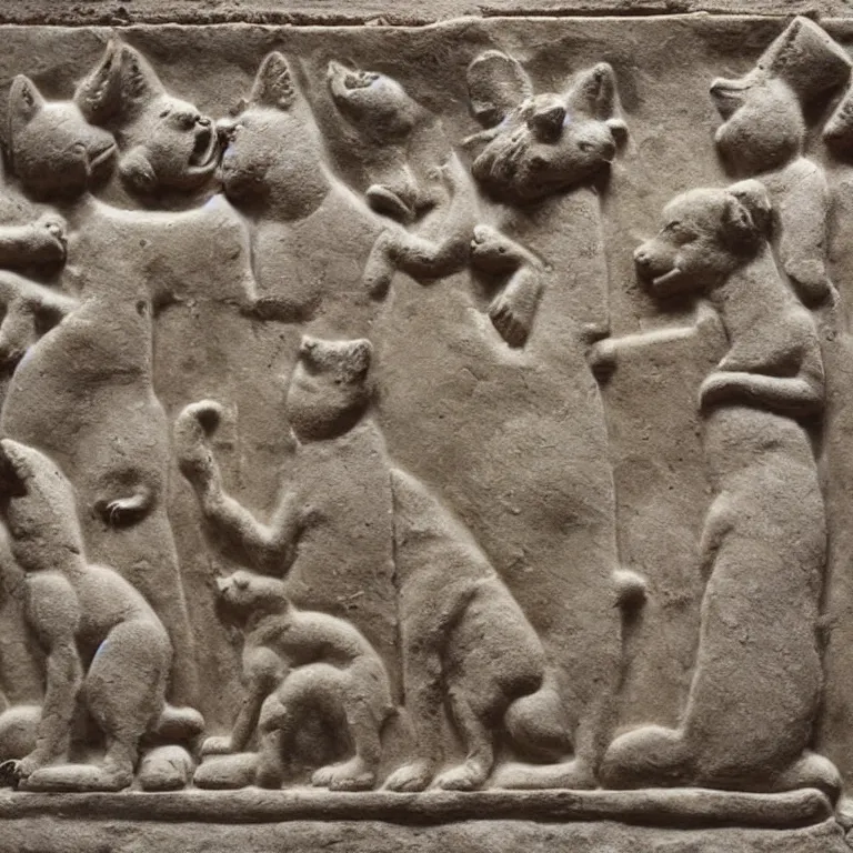 Prompt: ancient stone bas relief depicting people worshipping a shiba inu god