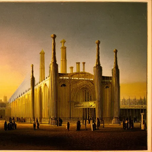 Image similar to a color photograph of the crystal palace, london exhibition of 1 8 5 1, golden hour,