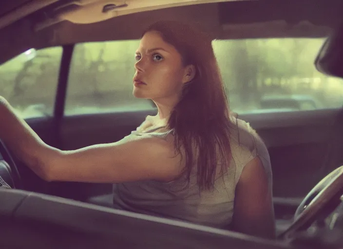 Prompt: determined woman driving a car, cinematography by Denis Villeneuve, watercolors by John James Audubon, shot for IMAX, mood lighting, depth of field, interior shot