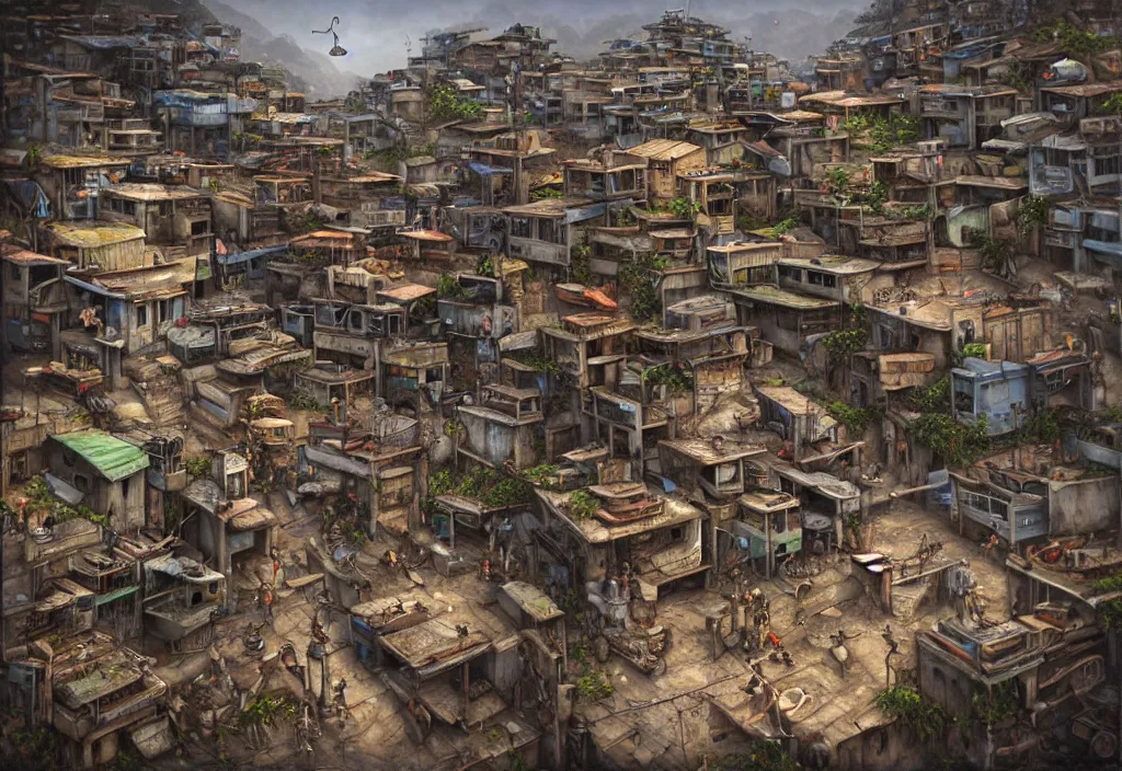 Image similar to photorealistic favela rio with precise rendered guns arsenal with intricate details of gun happy people in by Justin Gerard