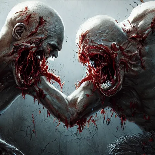 Image similar to two angry zombie men attacking each other, intricate, art by greg rutkowski, high detailed, 4 k,