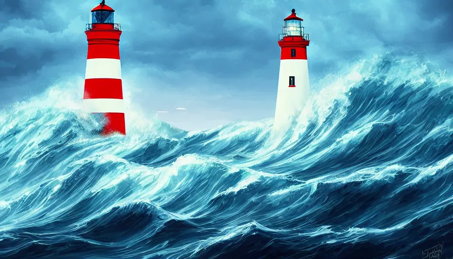 Image similar to a lighthouse being struck by a huge wave out at sea, digital art, highly detailed, realistic, bright colors, 8 k