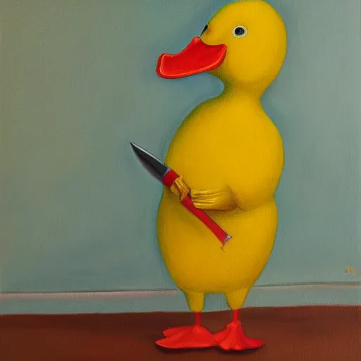 Image similar to yellow duck standing and holding a knife, oil painting