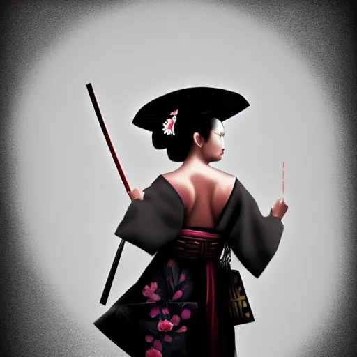 Image similar to gorgeous geisha samurai noir, hyperrealistic, soft focus, sharp, highly detailed