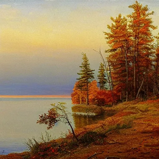 Prompt: Lake Superior in Autumn, landscape, beautiful artwork by ivan shishkin