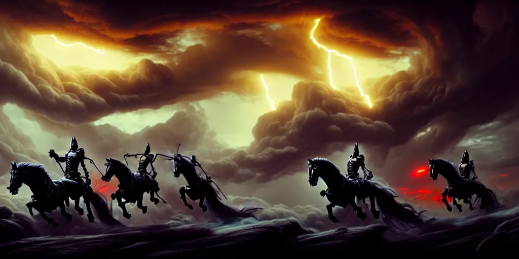 Image similar to ”four horsemen of the apocalypse riding skeleton horses towards the camera [epic, cinematic, scary, intimidating, horror, war, battle, hell, storm clouds, lightning, octane render, 8k, mattepainting, art by wlop and paul lehr and greg rutkowski]”