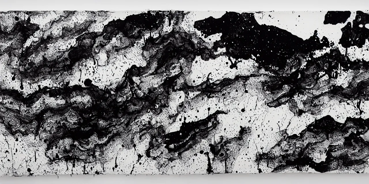 Image similar to laurentian appalachian mountains during winter, black ink landscape artwork with drippings, dribbles and splashes.