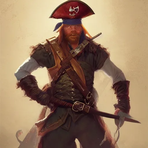 Prompt: amazing lifelike illustration of heroic handsome charming ginger rogue, long slender pointed ears, wearing a tricorne pirate captain hat, naval background, award-winning art by Greg Rutkowski