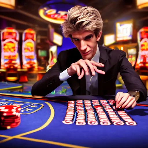 Image similar to film still of xqc gambling in Vegas, 4k, photorealism, artstation style