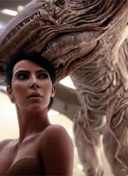 Image similar to movie still of kim kardashian swallowed by alien face hugger, in the movie alien. cinematic full shot.