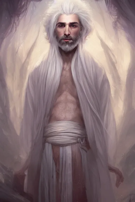 Image similar to white haired robe fu xi full male front body portrait, distant view, very long white beard and hair, long hair shawl, fine kindness delicate prefect face features gaze, piercing eye, elegant, style of tom bagshaw, cedric peyravernay, peter mohrbacher, victo nga, 4 k hd illustrative wallpaper, animation style, chinese style