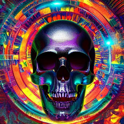 Image similar to portrait_of_glossy metalic skull with glitch effects._intricate_abstract._psychedelic_liquod_embossed_intricate_artwork._by_Tooth_Wu_wlop_beeple_dan_mumford._octane_render_trending_on_artstat