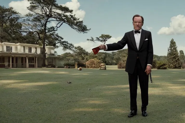 Prompt: mid-shot of Bryan Cranston as a butler in the new movie directed by Wes Anderson, symmetrical shot, idiosyncratic, relentlessly detailed, limited colour palette, detailed face, movie still frame, promotional image, imax 70 mm footage