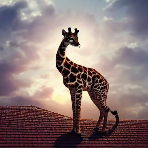 Prompt: a cat standing on the rooftop, the cat looks like giraffe, giraffe head and small giraffe tail, fantasy, epic lighting, cinematic composition, hyper realistic, 8 k resolution, unreal engine 5, by artgerm, tooth wu, dan mumford, beeple, wlop, rossdraws, james jean, andrei riabovitchev, marc simonetti, artstation