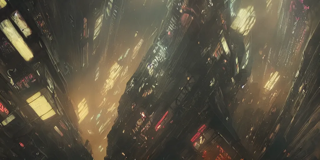 Image similar to a painting of a cinematic keyframe of a cyberpunk dystopian city, blade runner like designed by ian hubertz seen from above, cenital shot, by greg rutkowski, rule of thirds, golden ratio, ambient lighting, wlop, artgerm, artstation, highly detailed masterpiece, dark fantasy art, high detail, trending on artstation