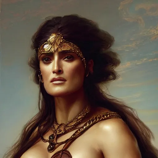 Image similar to the portrait of salma hayek as amazon in intricate dress by roberto ferri, fantasy, witcher, very detailed oil painting, masterpiece, 8 k