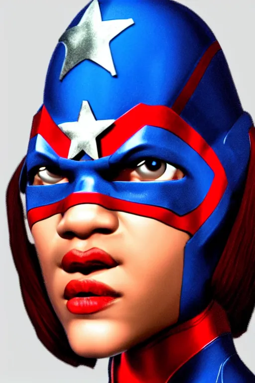 Prompt: A Zendaya as Captain America by Jason Chan and John J. Park Ultra detailed, hyper realistic, 4k