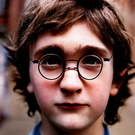 Image similar to closeup portrait Harry Potter in a diagon alley, by Steve McCurry and David Lazar, natural light, detailed face, CANON Eos C300, ƒ1.8, 35mm, 8K, medium-format print