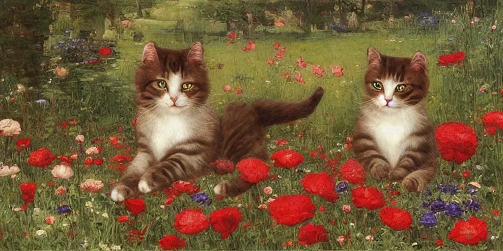 Prompt: 3 d precious moments plush cat with realistic fur and an dark red / medium red / reddish brown / deep purplegray color scheme, field of flowers, master painter and art style of john william waterhouse and caspar david friedrich and philipp otto runge