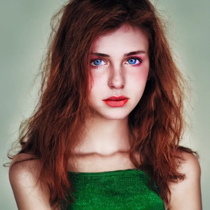 Prompt: Velvia RVP 50, 8K, red and green lighting, highly detailed, britt marling style 3/4 photographic Close-up face of a extremely beautiful girl with clear eyes and brown hair , high quality, photo-realistic.