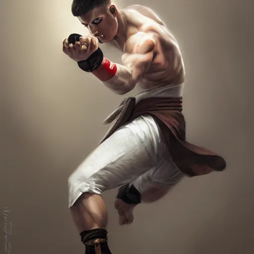 Image similar to A detailed matte oil on canvas painting of a young white male martial artist monk, orchid arm tattoos, fight stance by greg rutkowski and Charlie bowater, trending on artstationhd, dungeons and dragons art