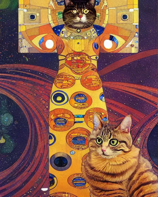 Image similar to cosmonaut cat portrait an oil painting splashes with many colors and shapes by gustav klimt greg rutkowski and alphonse mucha, polycount, generative art, psychedelic, fractalism, glitch art