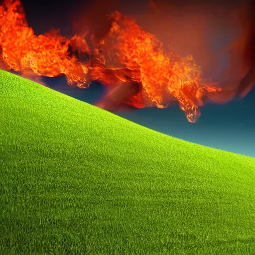 Prompt: windows xp bliss background grass on fire