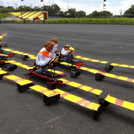 Prompt: go karts made of bacon racing on a track made of cheese