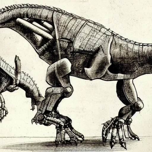 Image similar to leonardo da vinci's technical sketch of a robotic dinosaur, highly detailed