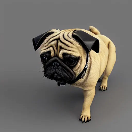 Image similar to 3 d rendered hyper realistic hyper detailed pug wearing a shiny leather gimp mask with zippers, octane render, blender, 8 k