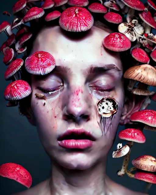 Prompt: a disturbing horror photograph of a beautiful crying woman with flowers and fungus growing out of her head m, intricate, hyperrealism, sharp focus, cinematography, highly detailed, octane render, digital horror artwork, matte, photography by professional photographer