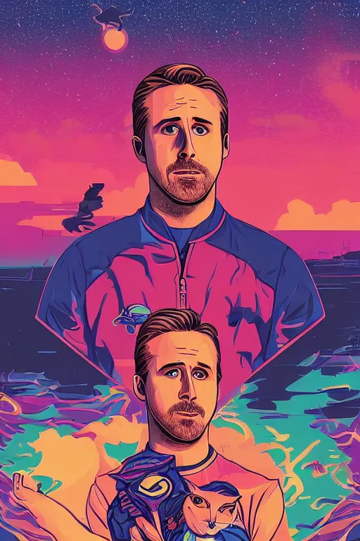 Image similar to a portrait of Ryan Gosling holding a cute caracal with thunders in the sky in a future cybernetic city, outrun style and colours, trending on arstation, by dan mumford, by ross tran