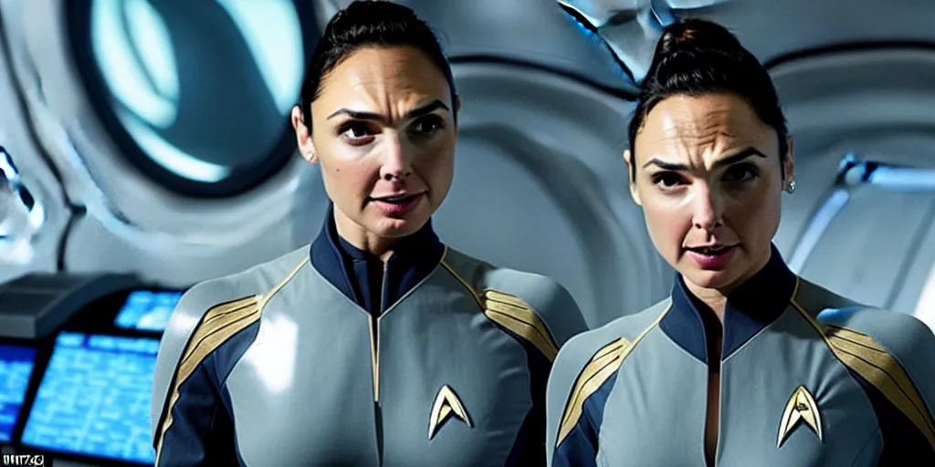 Image similar to gal gadot, in full starfleet uniform, is the captain of the starship enterprise in the new star trek movie