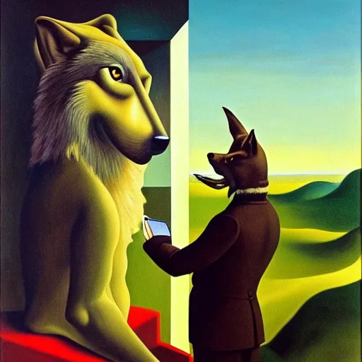 Prompt: an anthropomorphic male wolf fursona checking his smartphone, surrealism, by salvador dali and rene magritte, oil on canvas, soft lighting