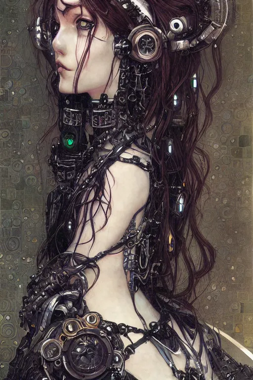 Image similar to portrait of beautiful young gothic maiden, cyberpunk, Warhammer, highly detailed, artstation, illustration, art by Gustav Klimt and Range Murata