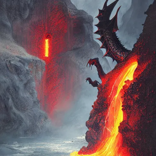 Image similar to dragon made of molten stone dripping with lava rising from the ground, digital art, highly detailed, intricate, tense atmosphere, menacing, scary, 8 k, by greg rutkowski