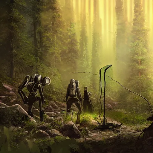 Image similar to aliens discovering technological artifact in a forest., technological landscape, dramatic lighting, cinematic, establishing shot, extremly high detail, photorealistic, cinematic lighting, post processed, concept art, artstation, matte painting, style by greg rutkowsky