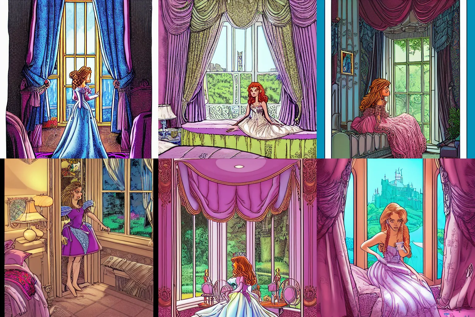 Prompt: a princess alone in her castle bedroom, looking out the window, by arthur adams, color by mobius, highly detailed, trending