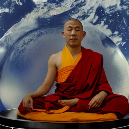 Image similar to a Buddhist monk levitating whilst meditating inside an astronauts helmet