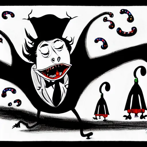 Prompt: black and white trippy full body depiction of dracula the vampire roller skating on roller skates, drawn by martin rowson, tim burton, alex pardee, nekro petros afshar, james mcdermott, tim burton, cgsociety, awesome, stunning, 4 k