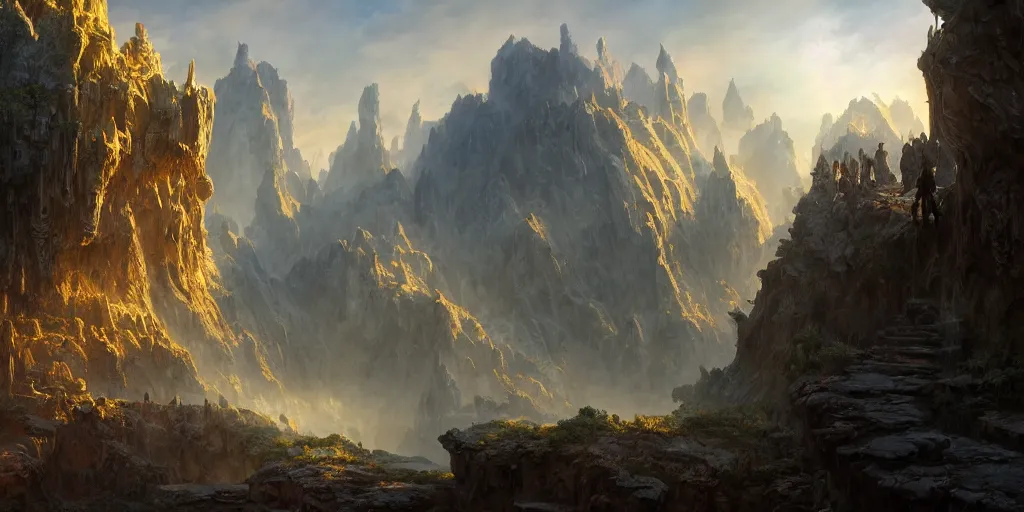 Prompt: A beautiful hyper realistic detailed matte painting of an entrance to a dungeon of the gods at the base of an ancient mountain, dramatic lighting, dynamic lighting, cinematic lighting, lit by morning light, by Finnian MacManus and Jessica Rossier, unreal engine, featured on artstation, ultrawide angle, f8, polarizer filter