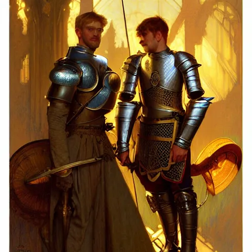 Image similar to attractive arthur pendragon and his attractive male knight, they are in love, natural lighting, path traced, highly detailed, high quality, digital painting, by gaston bussiere, craig mullins, alphonse mucha j. c. leyendecker