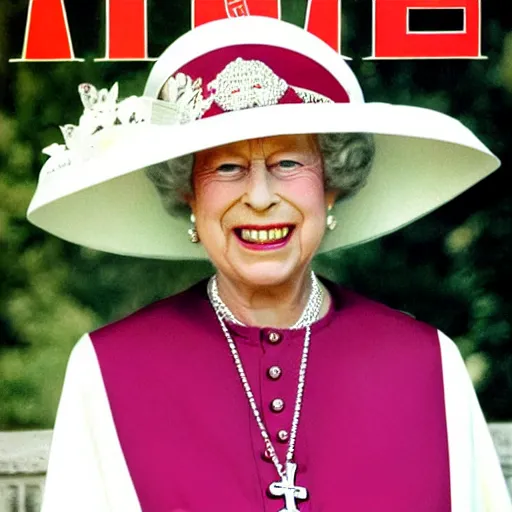 Image similar to magazine cover photo of Elizabeth II using pope's miter, pope hat, portrait photo by Slim Aarons in 1965 TIMES magazine cover photo, color