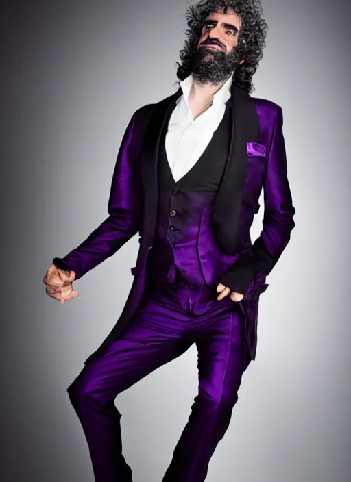 Image similar to caparezza wearing a tight dark purple suit, elegant, promotional photo, studio lighting