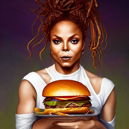 Prompt: portrait of janet jackson eating a mammoth hamburger, extra pickles and onions, ethereal, handsome, d & d, fantasy, intricate, elegant, highly detailed, digital painting, artstation, concept art, matte, sharp focus, illustration, art by artgerm and greg rutkowski and alphonse mucha