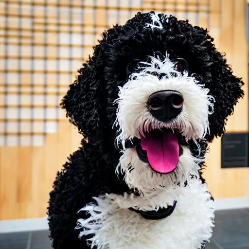 Image similar to a closeup photorealistic photograph of a cute smiling knitted bernedoodle judge dog dressed in a black gown, presiding over the courthouse. indoor image, professional capture, well lit shot. this 4 k hd image is trending on artstation, featured on behance, well - rendered, extra crisp, features intricate detail, epic composition and the style of unreal engine.