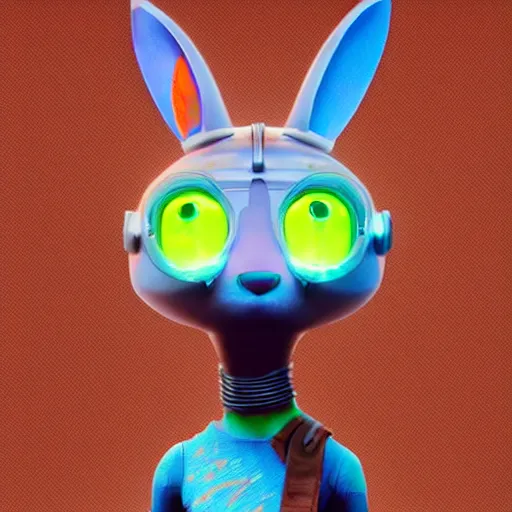 Image similar to super cute cyberpunk bunny, a carrot, pixar, zootopia, cgi, blade runner. trending on artstation